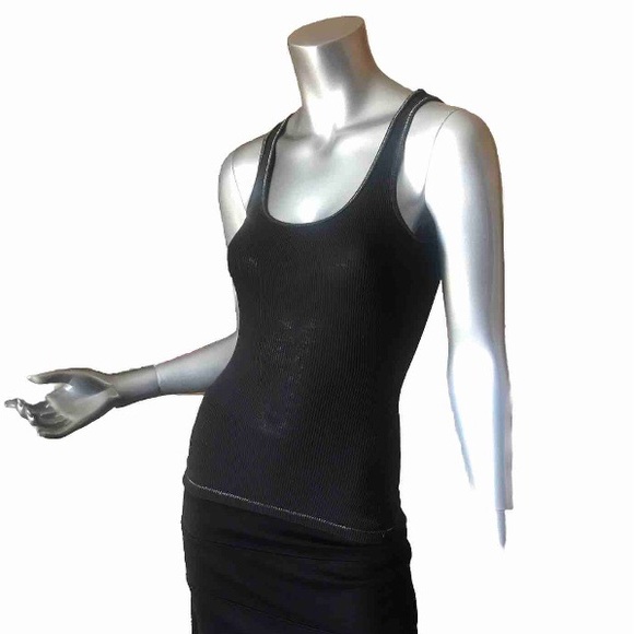 Express XS Scoop Neck Ribbed Fitted Tank Black Metallic Stitching Stretch - Picture 1 of 9